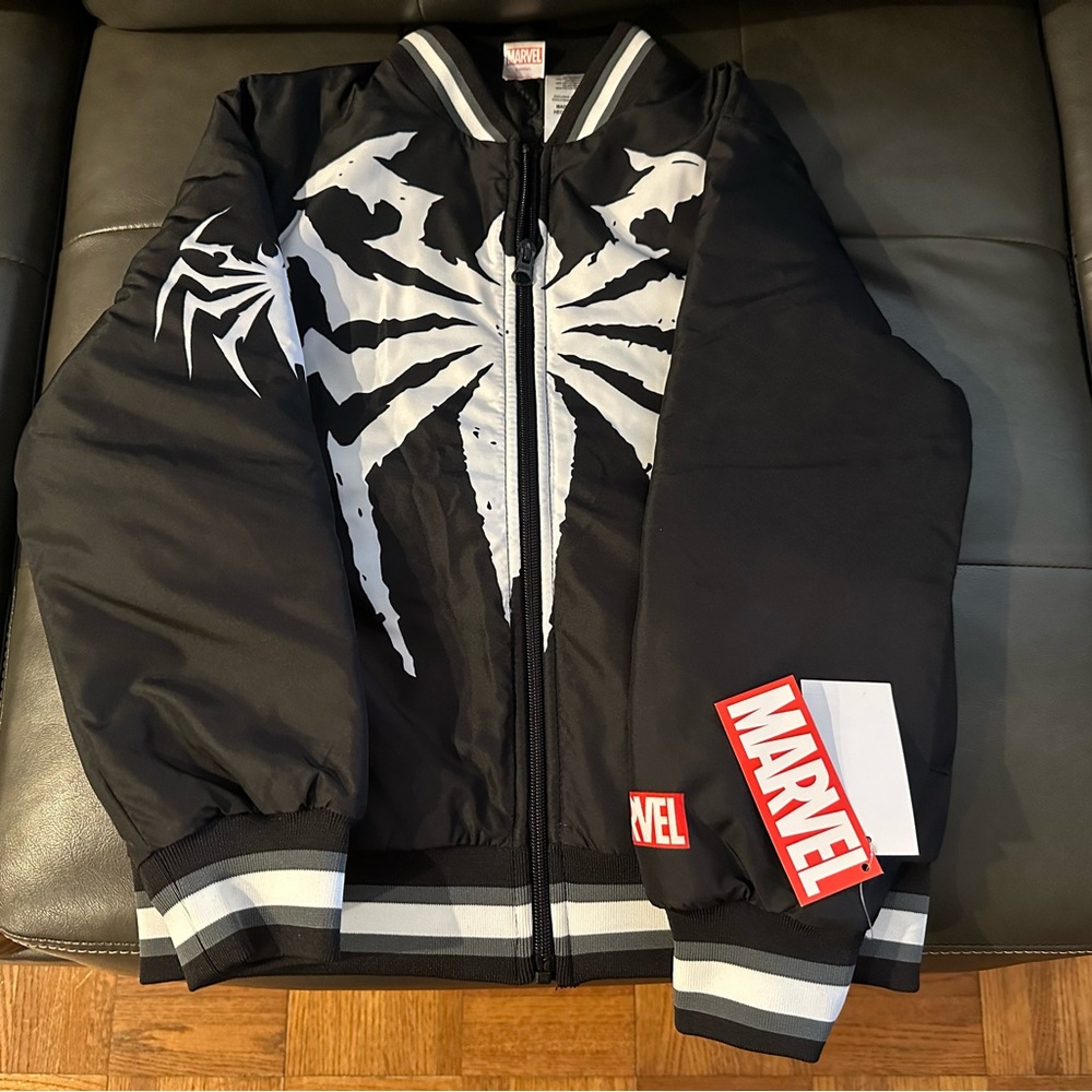 Marvel Black and White Spider-Man Venom Spider Logo Bomber Jacket Youth 8 NWT